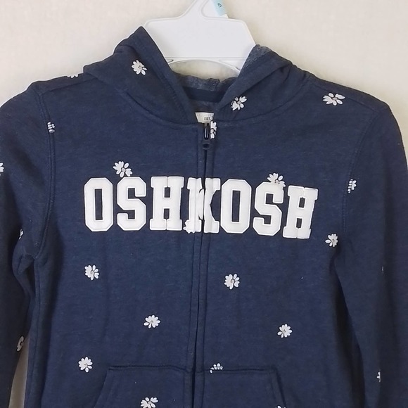 Oshkosh Full Zip‎ Fleece Hoodie Girl's Size 5T in Denim Blue w/ White Daisies - Picture 12 of 13